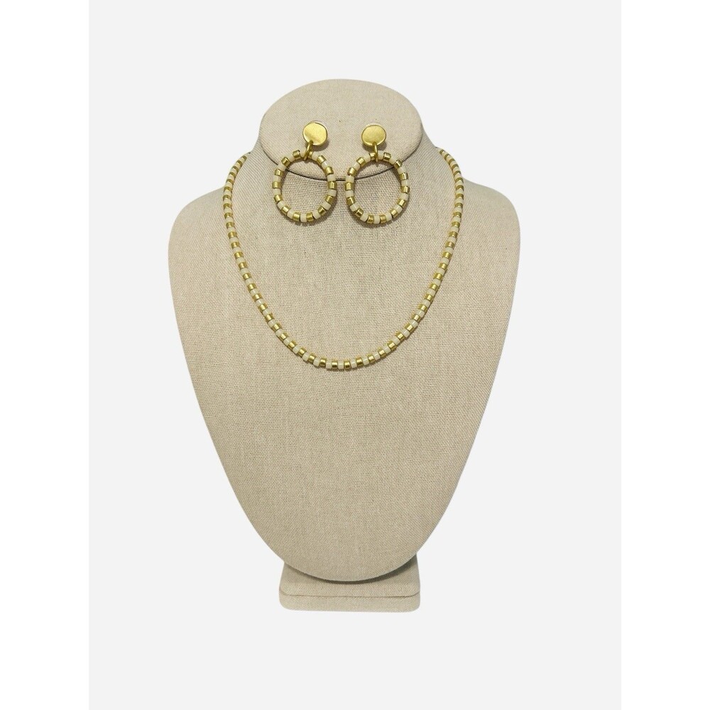 Madewell Set Ivory & Gold Tone Beaded Chain Necklace & Matching Hoop Earrings